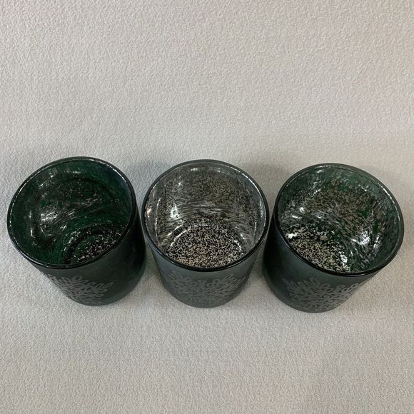 3 Glass Candle Holder Votive Tealight Christmas Holiday Snowflake Green Silver - Picture 5 of 16